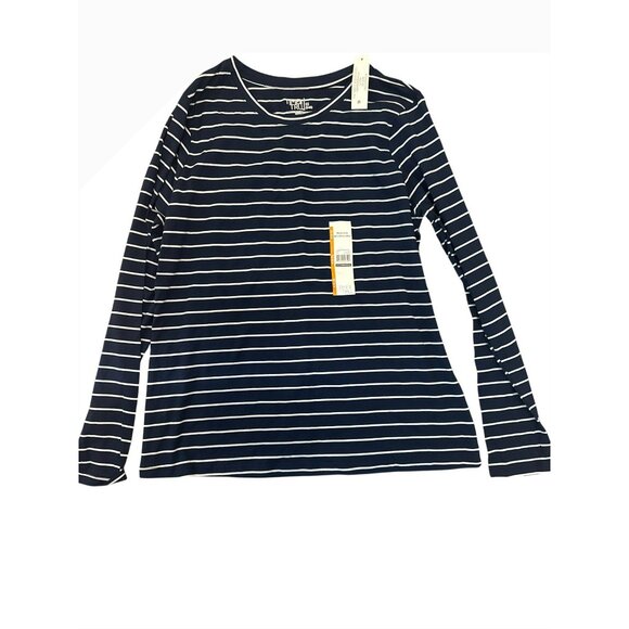 Time And Tru Womens Navy Striped Long Sleeve Tee M (8-10) Pima Cotton Top - Picture 1 of 5